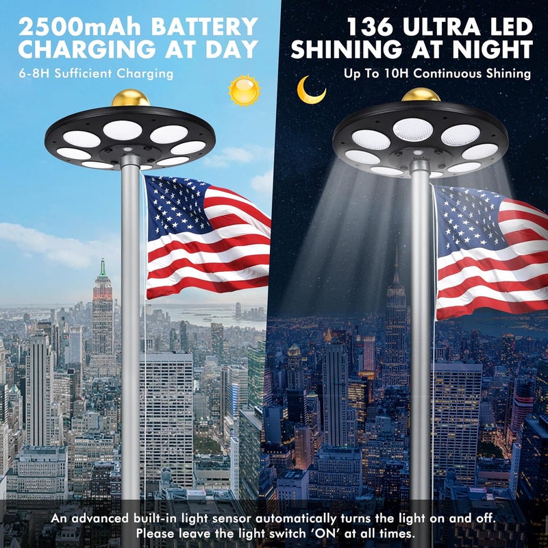 PPQ Solar Flagpole LED Light,136 LED 10000h Lifespan Black Flag Pole Light for 15-25 Ft Poles,Solar Powered Waterproof Lighting on Outdoor Pole Top,10 Hour Dusk to Dawn Auto On/Off - Image 4